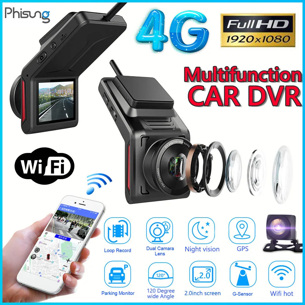 

Phisung K18 FHD 1080P 4G WiFi Car DVR DVRs Dashboard Camera GPS Dashcam with Rearview Camera Control Dash Cam Support APP