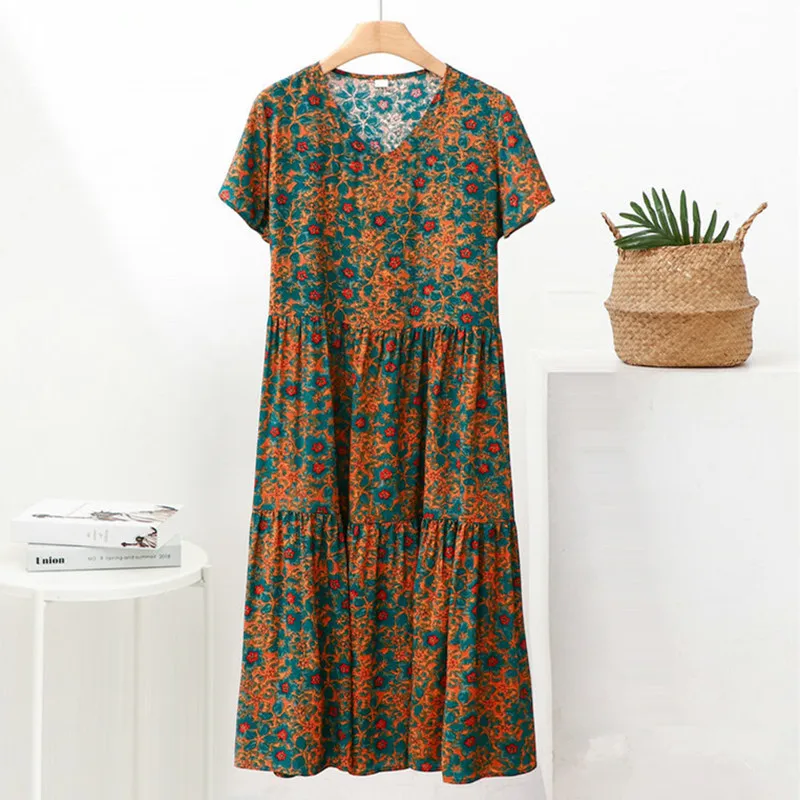 Fdfklak Floral Cotton Rayon Dress V-Neck Mid-Length Cake Nightdress Women's Summer Nightgowns Loose Sleepwear Nightshirt