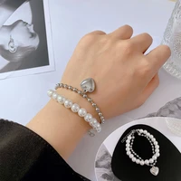 round natural freshwater pearl bracelet for women double layer pearl chain heart charm stainless steel bangle jewelry new trendy