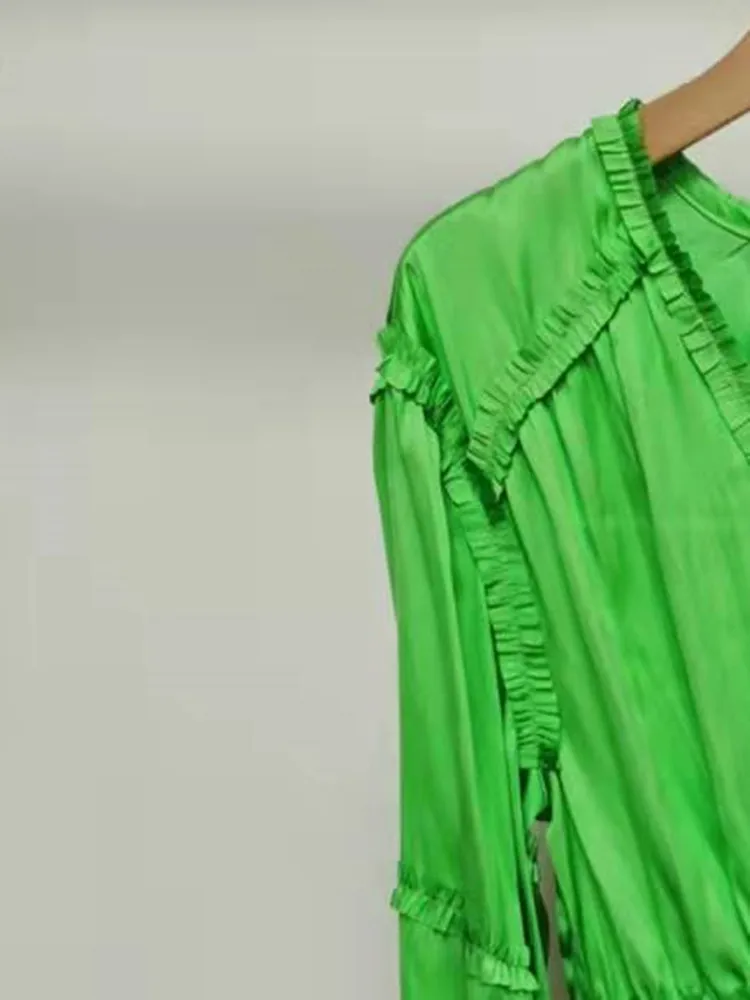 Women's V-Neck Puff Sleeve Mini Dress 2022 Spring Summer New Ladies Solid Color Elastic Waist Ruffles Short Robe