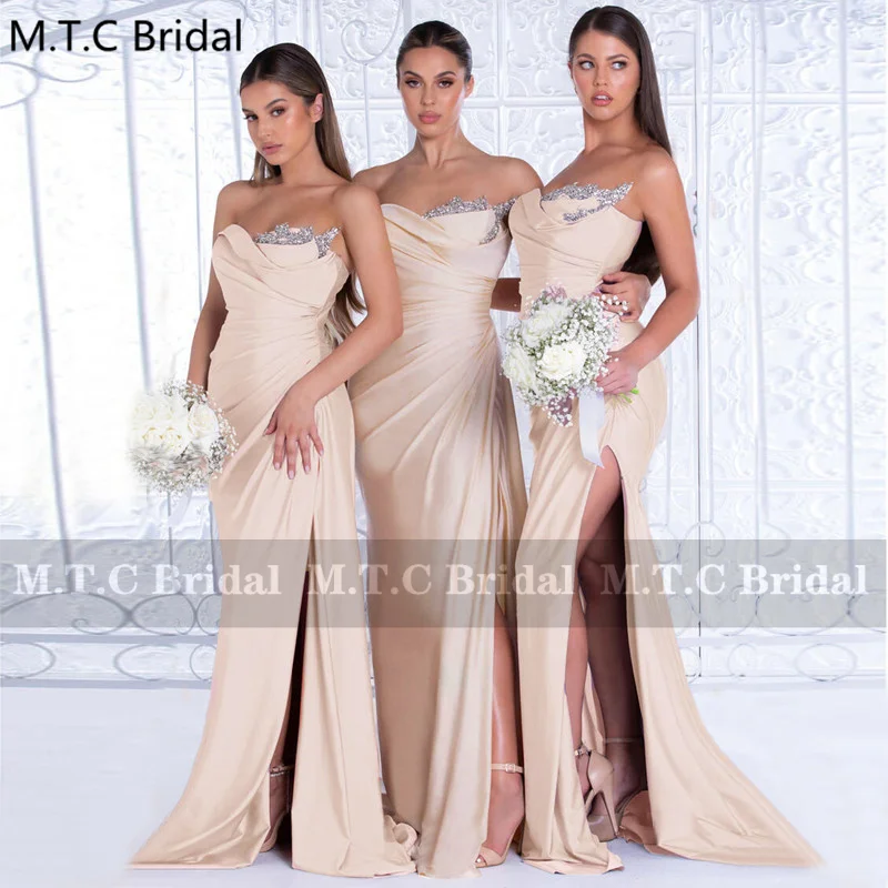 

Wholesale Champagne Bridesmaid Dresses Sweetheart High Slit Shiny Beads Satin Wedding Party Maid Of Honor Gowns Cheap