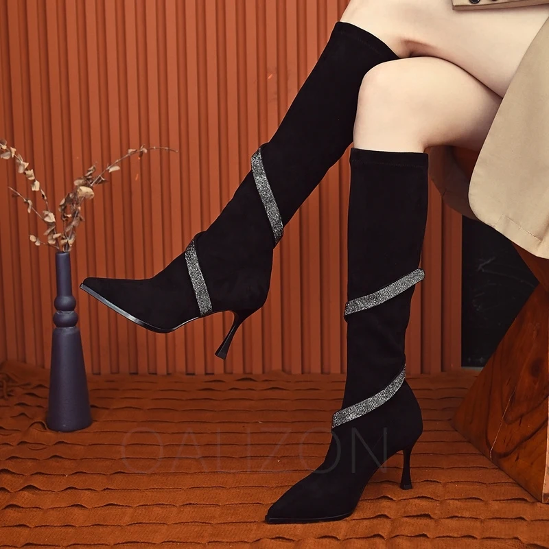 

Женские замшевые сапоги до колена на высоком каблуке, модные длинные сапоги Челси в готическом стиле, привлекательные туфли-лодочки, новинка зимы 2022, Женская Роскошная обувь с острым носком