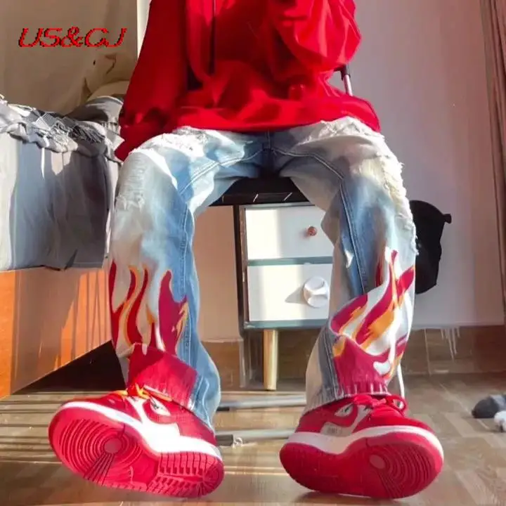 

Джинсы мужские и женские с дырками, модные прямые брюки в стиле Хай-стрит, хип-хоп с принтом пламени, брюки с дырками, весна-осень