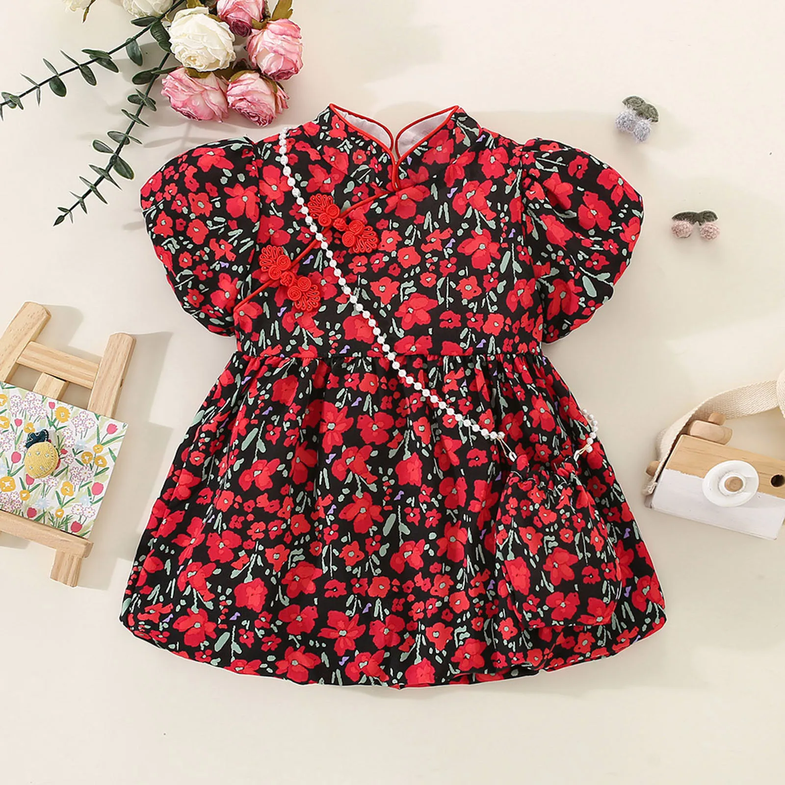 

Летнее платье для маленьких девочек, платье в китайском стиле с цветочным принтом, женские платья принцессы с коротким рукавом, одежда для детей