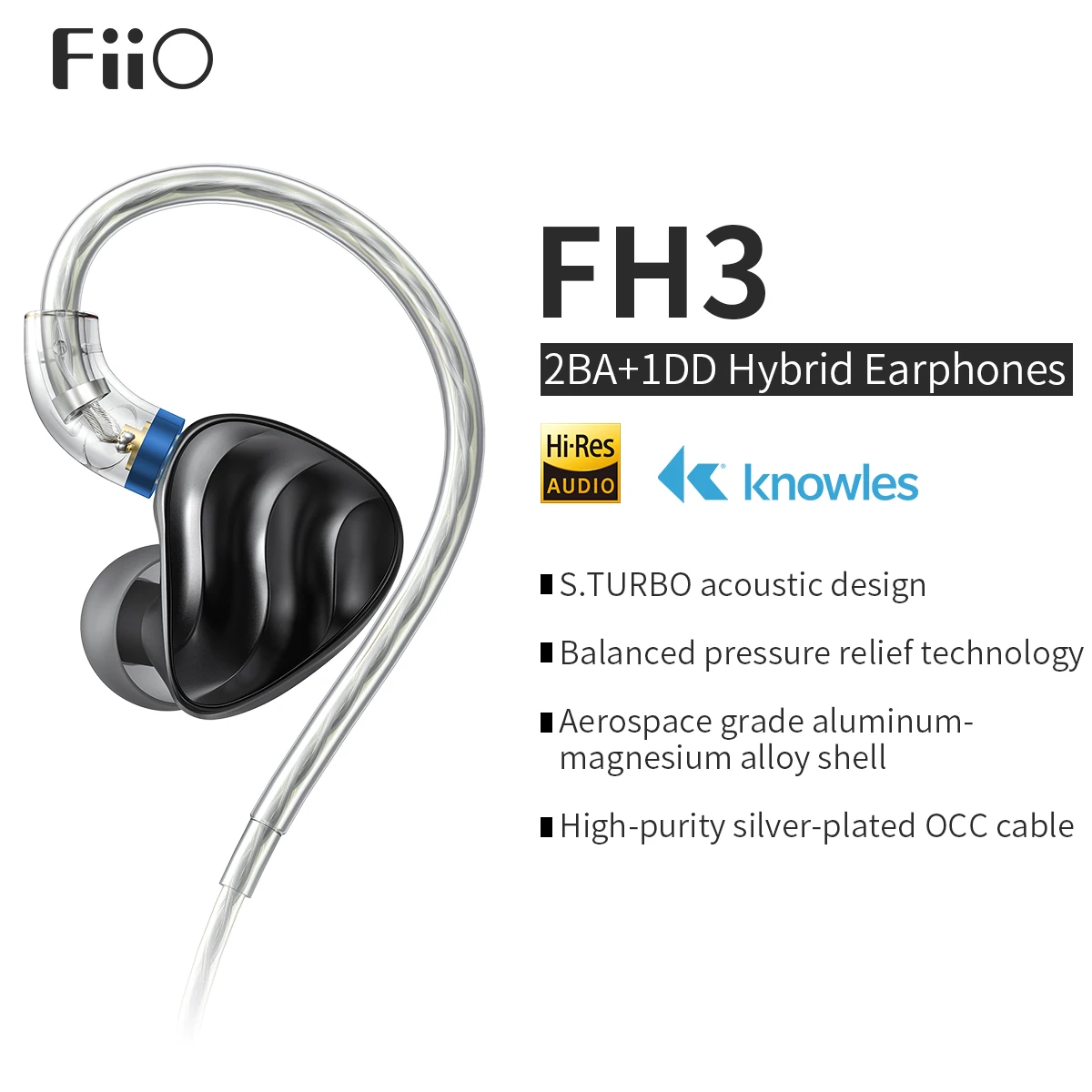 Наушники-вкладыши FiiO FH3 2BA + 1DD Knowles, динамический Гибридный Драйвер с покрытием из бериллия, IEM S.TURBO, Акустический дизайн, корпус из сплава MMCX