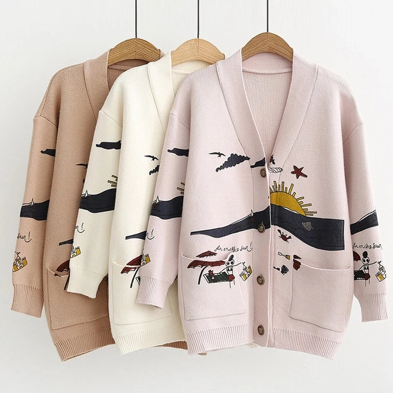 

Women Sweaters Oversize Cardigans CasualNew Long Sleeve Women's Sweater Coat Print Autumn Winter Female's ClothesCardigan for