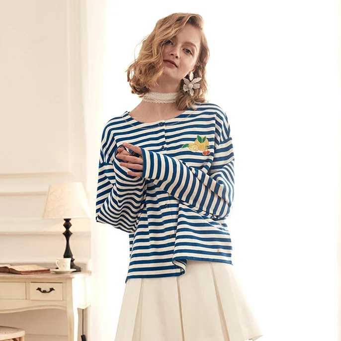 

2023 Spring and Summer Women Thin Striped Embroidery Long-sleeved Cardigan