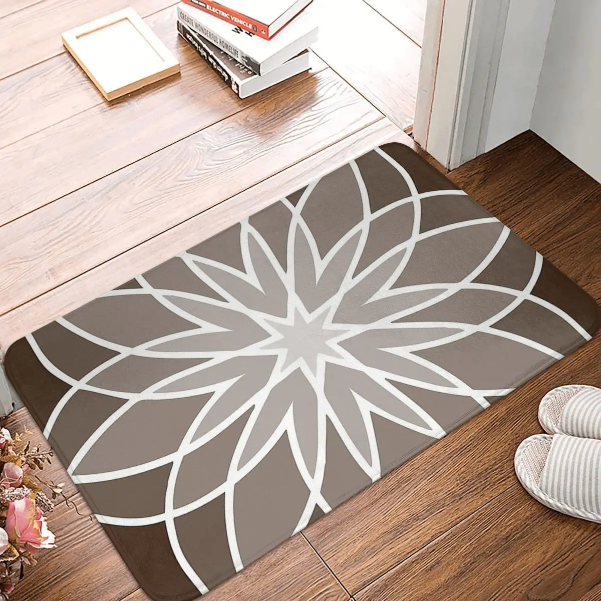 

Shades Of Brown Floral Pattern Non-slip Doormat Living Room MatGeometric Patterns Hallway Carpet Welcome Rug Indoor Decorative