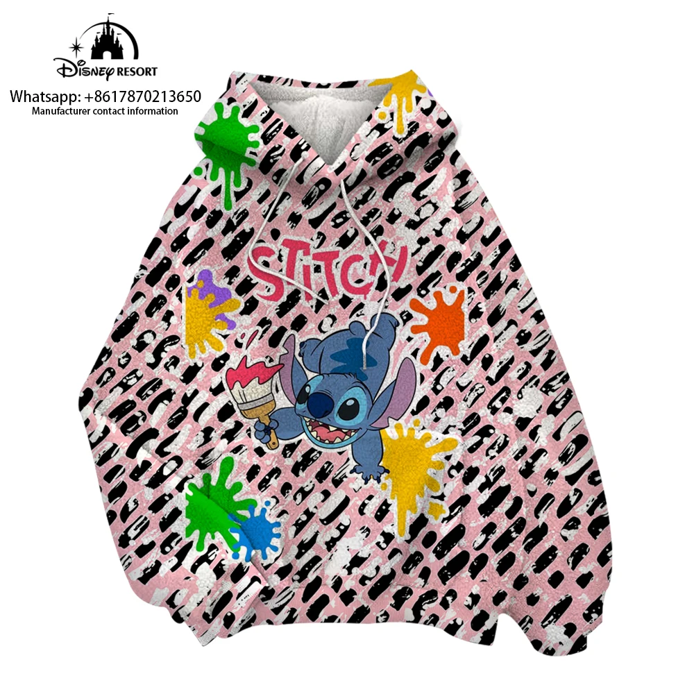 

Stitch Anime Print Kids Hooded Plush Sweatshirt Disney Brand Winter 2022 New Round Neck Ladies Leopard Print Hoodie Y2K