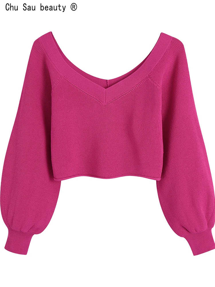 

2022 Spring New Fashion Elegant Style All-Match V-Neck Lantern Sleeves Solid Color Short Knitted Pullover Sweater For Women
