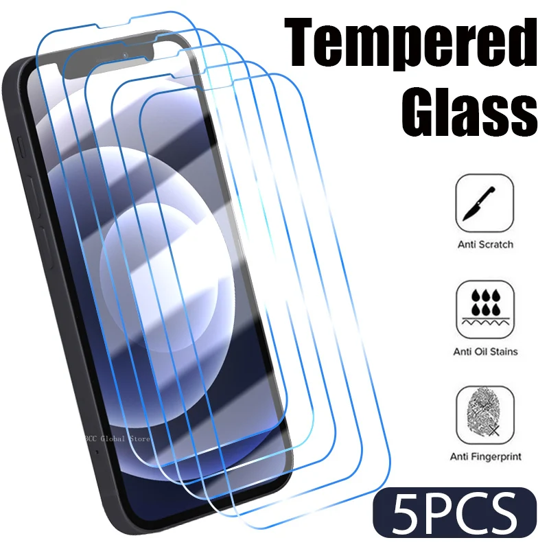 

5Pcs 9H Tempered Glass For iPhone 14 15 Pro Max 13 12 Mini 11 Pro Screen Protector for iPhone 14 7 8Plus XS Max XR Glass