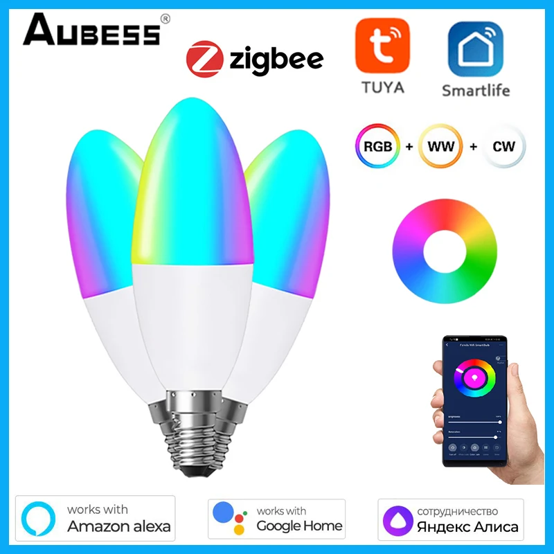 

Zigbee Smart Light Bulb E14 Candle Lamp RGB+CW 5W Tuya Smart Life APP Voice Control Compatible Alexa Google Home Alice Dimmable