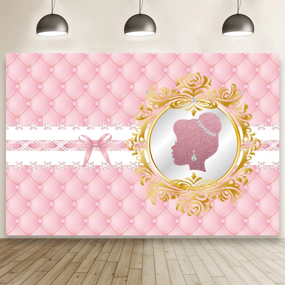 

Pink Gold Theme Glitter Backdrop Jewelry Bow Princess Girls Birthday Party Baby Shower Photography Background Cake Table Banner