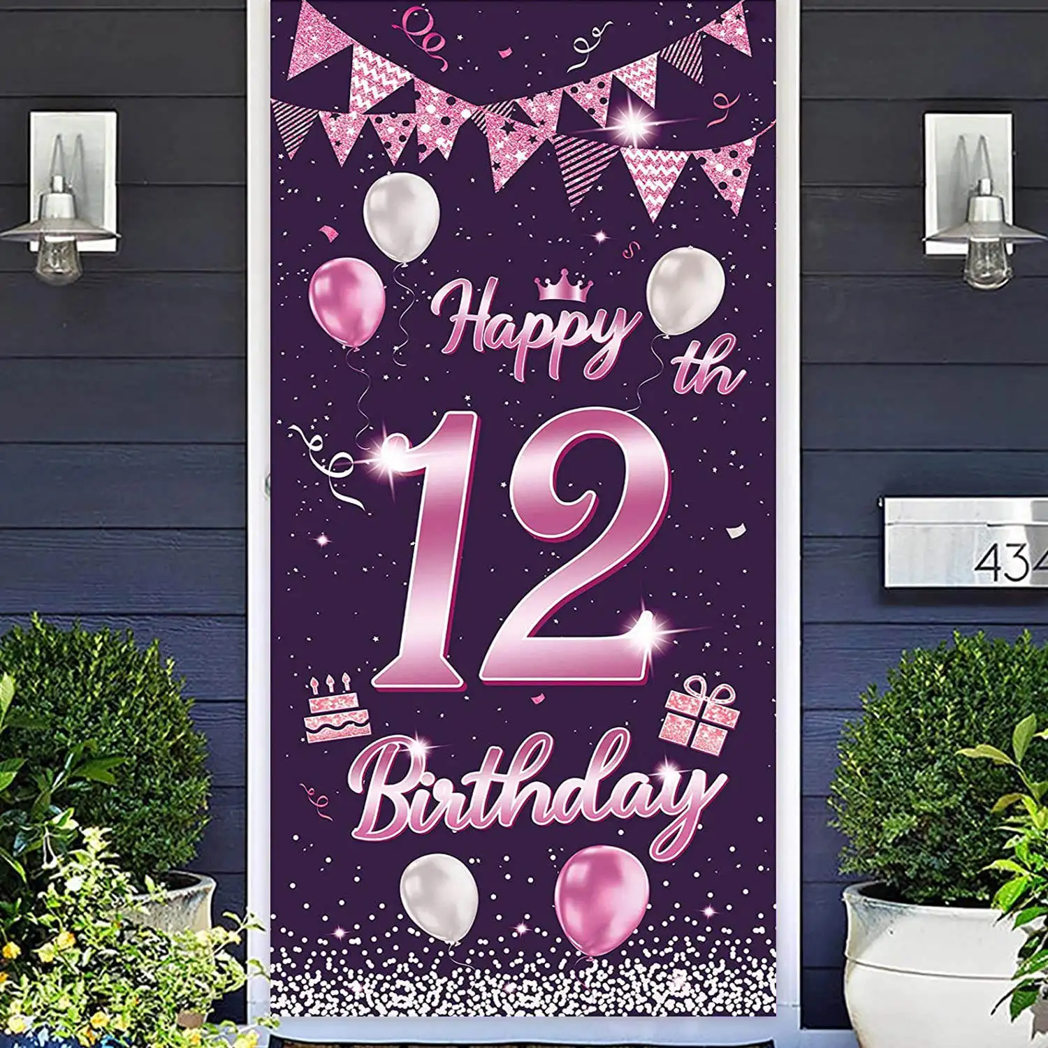 

Happy 12th Birthday Party Decoration Door Banner Backdrop Rose Gold Purple 12 Years Old for Girls Photography Background Poster