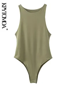 KPYTOMOA женские сексуальные модные эластичные облегающие однотонные боди винтажные женские комбинезоны без рукавов с круглым вырезом шикарные топы