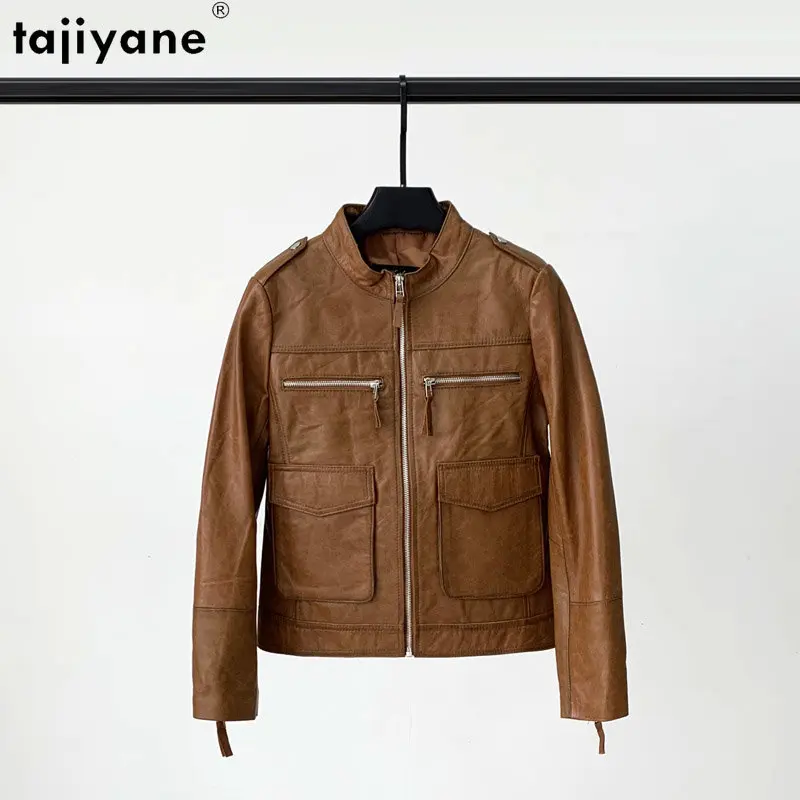 

Женская Короткая кожаная куртка Tajiyane, винтажная куртка из натуральной овечьей кожи с воротником-стойкой, уличная одежда, 2023