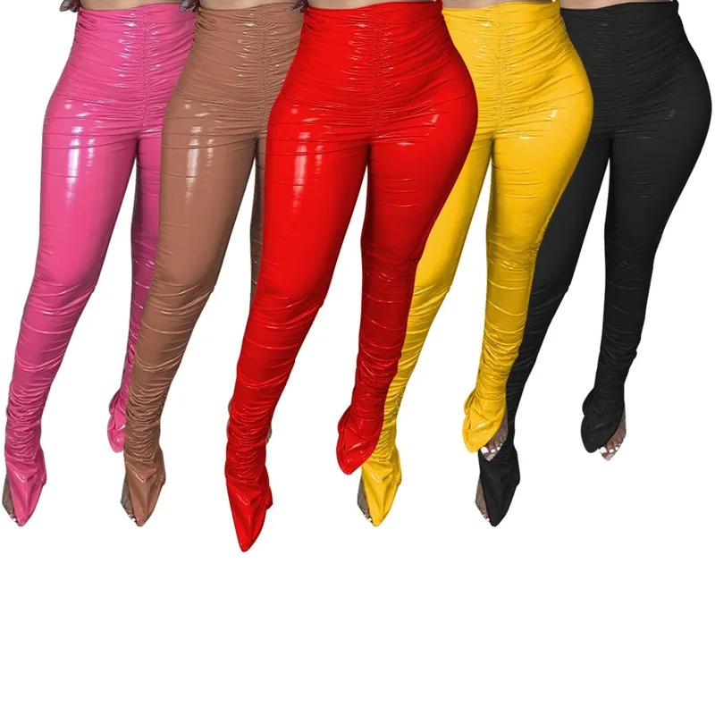 

Red Thick Fleece Warm PU Leather Pants Pleated Ruched Pleated Stacked Pants Flare Split Club Trousers Legging Partywear New 2023