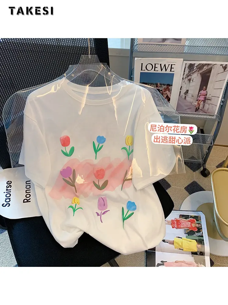 

2023 Summer Casual Flowers Print Short Sleeve Round Neck T-Shirts Women's Fashion All-Match Loose White Basics Tees Tops