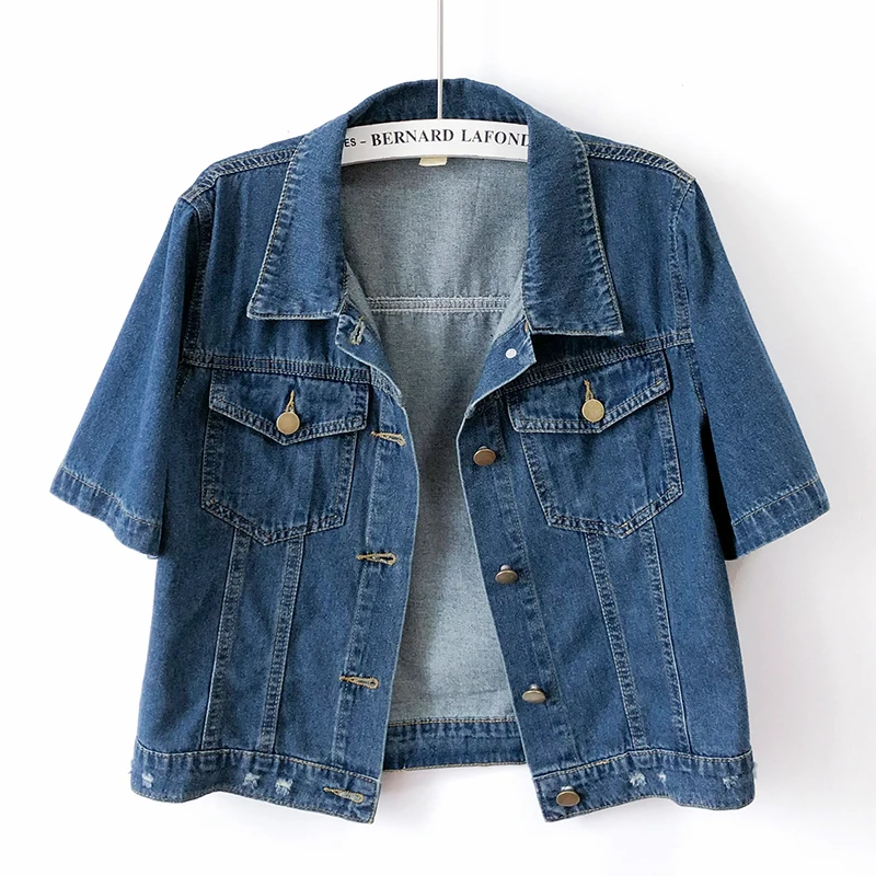 

Spring Summer Short Sleeve Denim Jacket Women Casual Student Cowboy Outerwear Slim Short Lapels Big Pocket Jeans Jacket Female