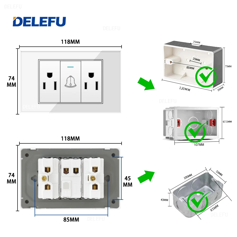 Панель из закаленного стекла DELEFU американская стандартная розетка 118*74 мм