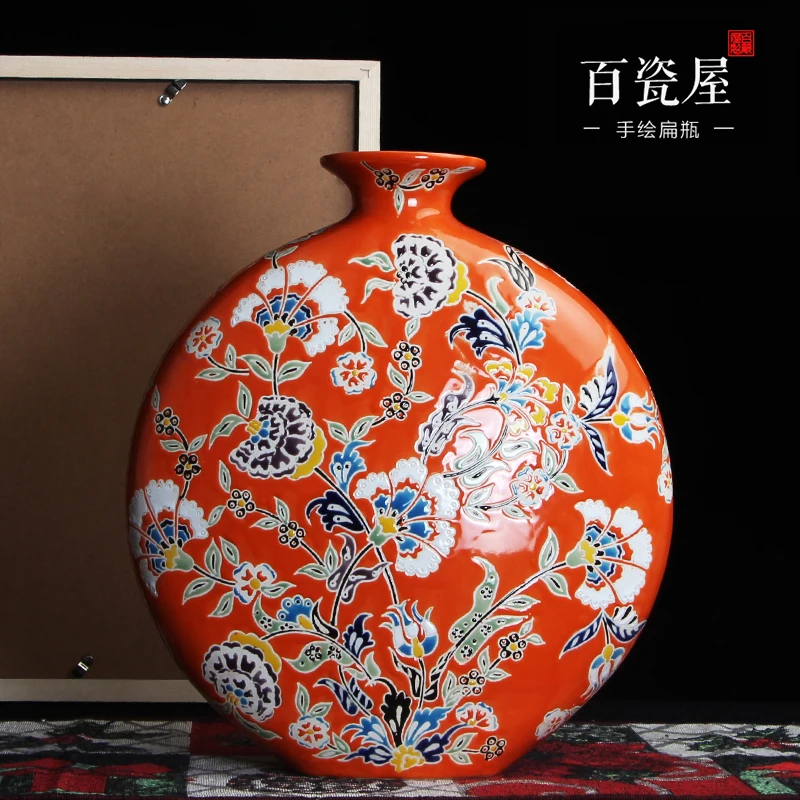 

New Chinese American Ceramic Red Vase Flower Arrangement Decoration Modern European Style Decorations Hallway Antique Shelf