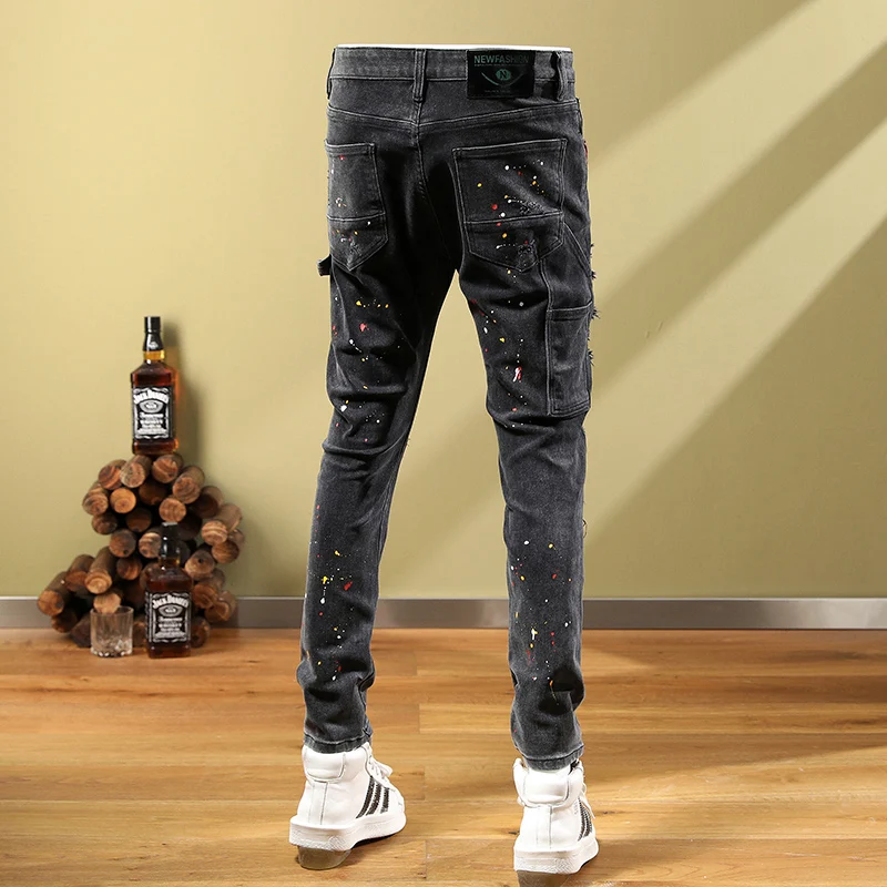 Street Fashion Men Jeans Retro Black Gray Elastic Stretch Slim Fit Ripped Jeans Men Painted Designer Multi Pockets Hip Hop Pants