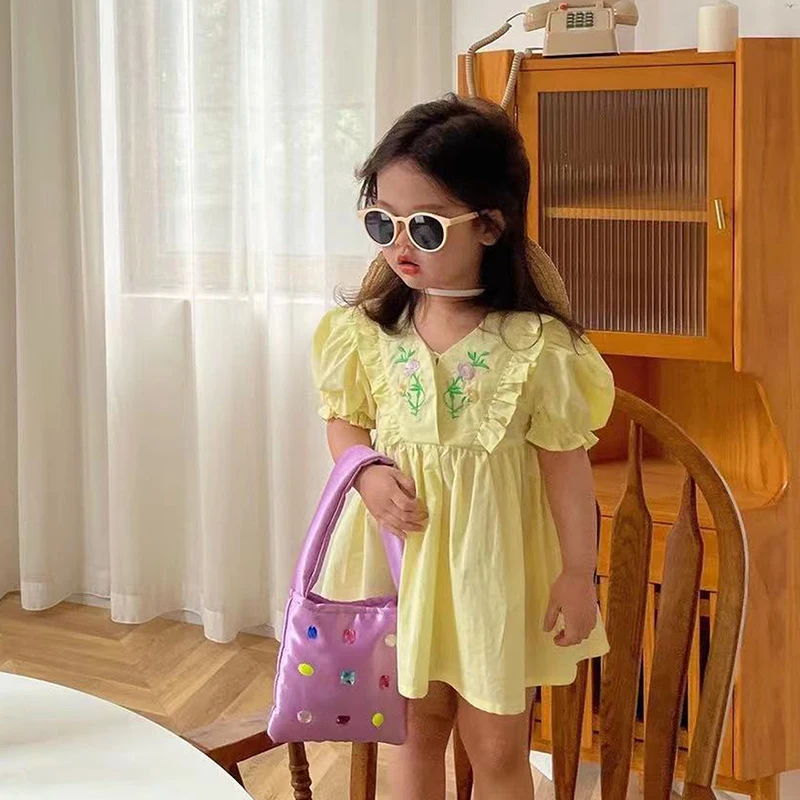 

Summer Girls Dress Toddler Dress For Baby Kids Vestidos Children Fahsion Clothes Floral Embroidery Puff Sleeve Lace Cotton 2-6Y