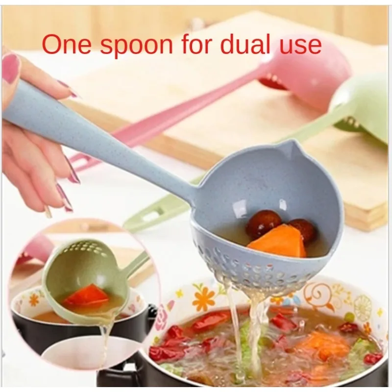 

Creative Wheat Straw Spoon with Long Handle Plastic Colander, Soup Filter, Tableware, Hot Pot Strainer, Household Kitchen, 2 in1