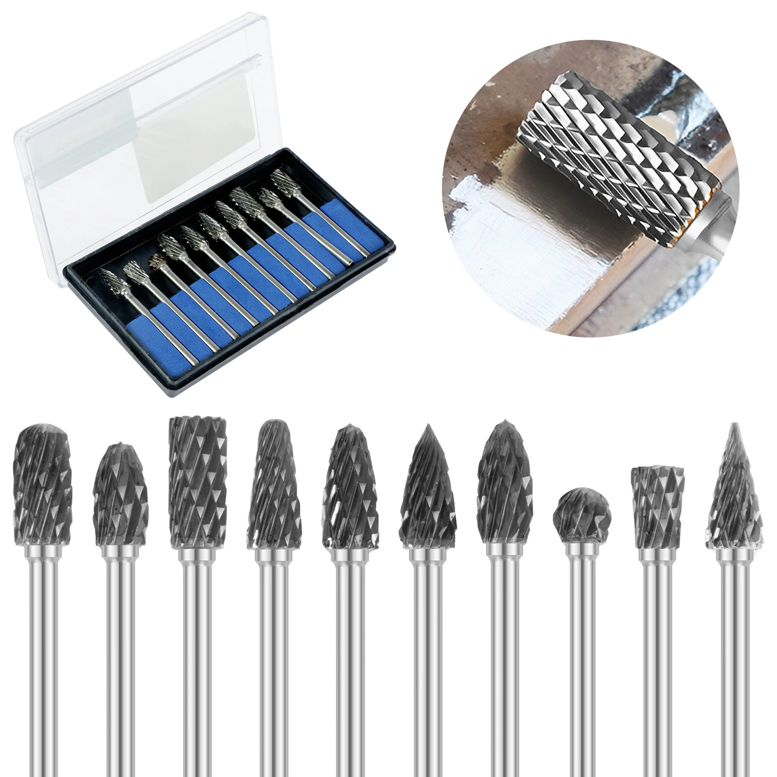 

10Pcs Grinding Burr Set Tungsten Steel Sharp Rotary Burrs Bit with 1/8 Inch Shank Wear Resistant Carving Burr Set Rotary Tool