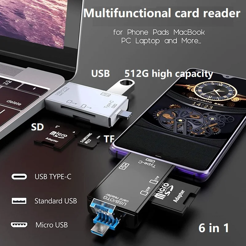 

SD Card Reader for Android Micro SD Card to USB Adapter 6 in 1 USB C Memory Card Reader for Camera Card Reader for Laptop Phone