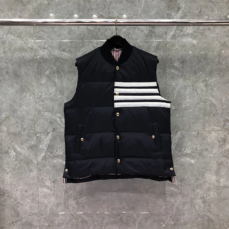 

TB THOM Men Down Vest Jacket tb Striped Warm Grey Duck Down Stand Collar Sleeveless Coat Thicken Outerwear Casual Winter Jacket