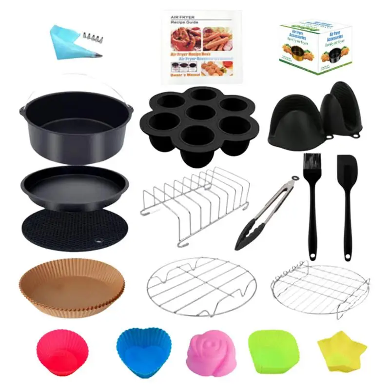 

Square Air Fryer Accessories Air Fryer Accessory Set Grill Cake Bucket Scraper Pizza Plate Paper Liner Muffin Cup Clips