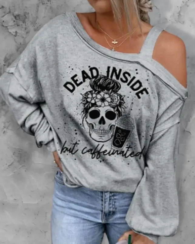 

Женские топы 2022, модный топ с графическим принтом и открытыми плечами, Повседневная Винтажная Футболка оверсайз с длинным рукавом для Хэлло...