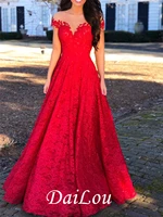 red prom dress a line scoop neck cap floor length sleeves lace evening dress 2022