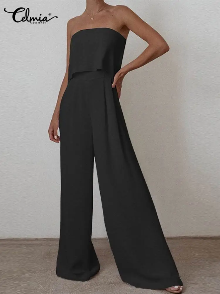 

Celmia Fashion Wide Leg Pants Long Rompers Women 2022 Summer Playsuits Sexy Strapless Solid Color Layered Jumpsuits Overalls