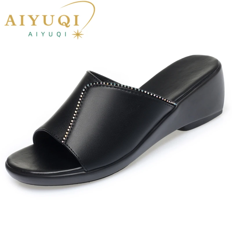AIYUQI Women's Slippers Wedge 2023 New Women Summer Slippers Casual Rhinestone Large size Women's Slippers Mom