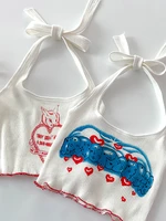 heliar women cute printed halter tops sweet heart beach bandage drawstring v neck korean tops women summer 2022