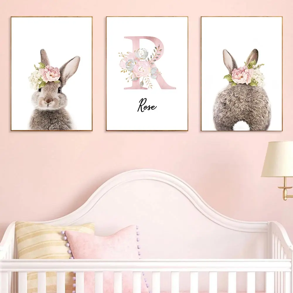 

Baby Girls Custom Name Rabbit Poster Pink Flower Wall Art Canvas Painting Nordic Wall Pictures Nursery Prints Kids Room Decor