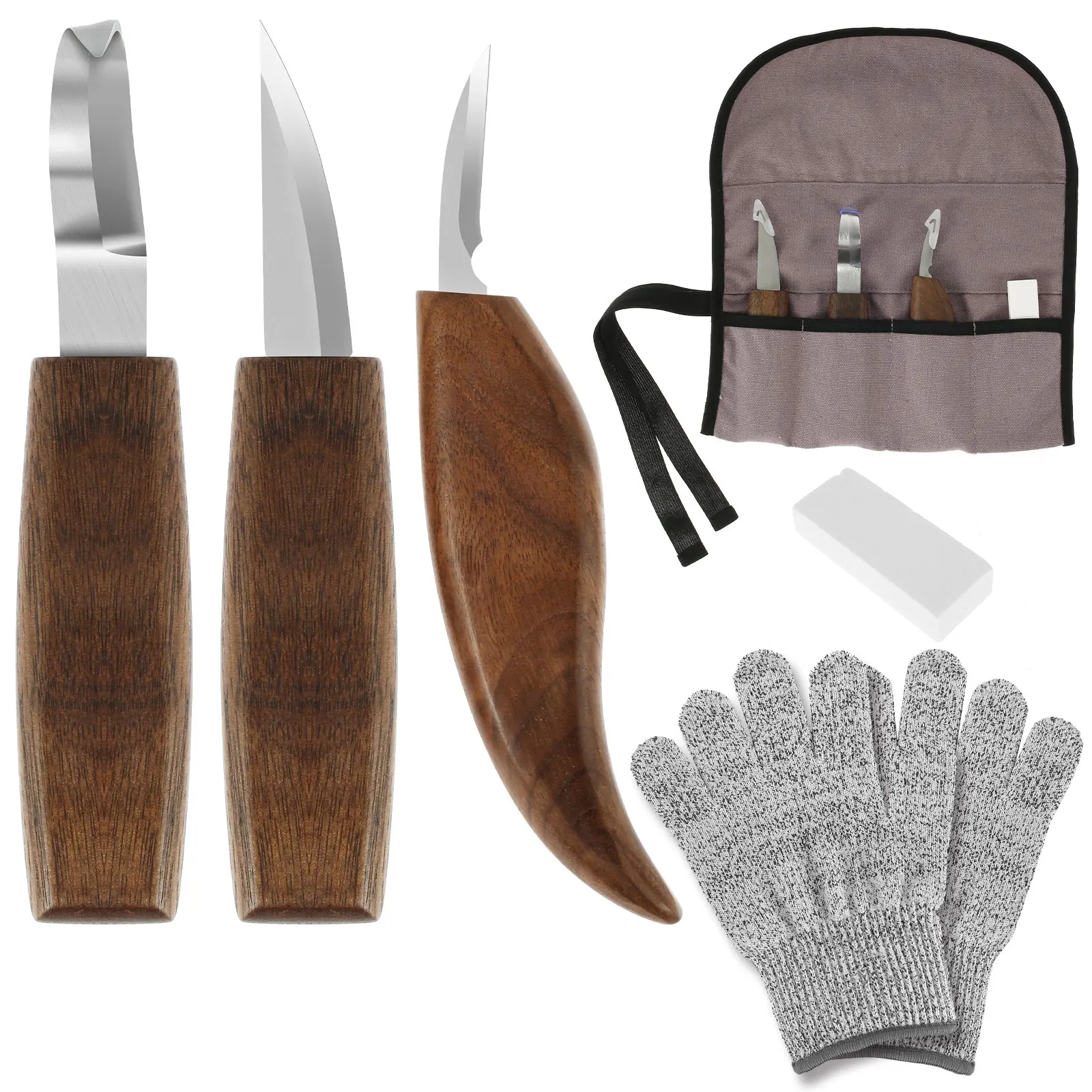 

6Pcs Woodworking Carving Tools Kit with Gloves Sharpening Stone Vanadium Steel Wood Carving Knife Set Portable Wood Carver Knife