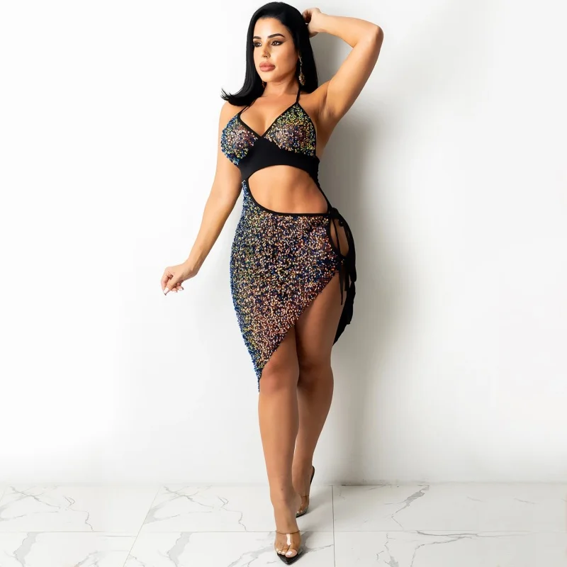 

Women Sexy Sleeveless Sequins Tassel Beach Dress See Through Hollow Out Halter Sundress Bikini Cover Up Backless Dress Beachwear