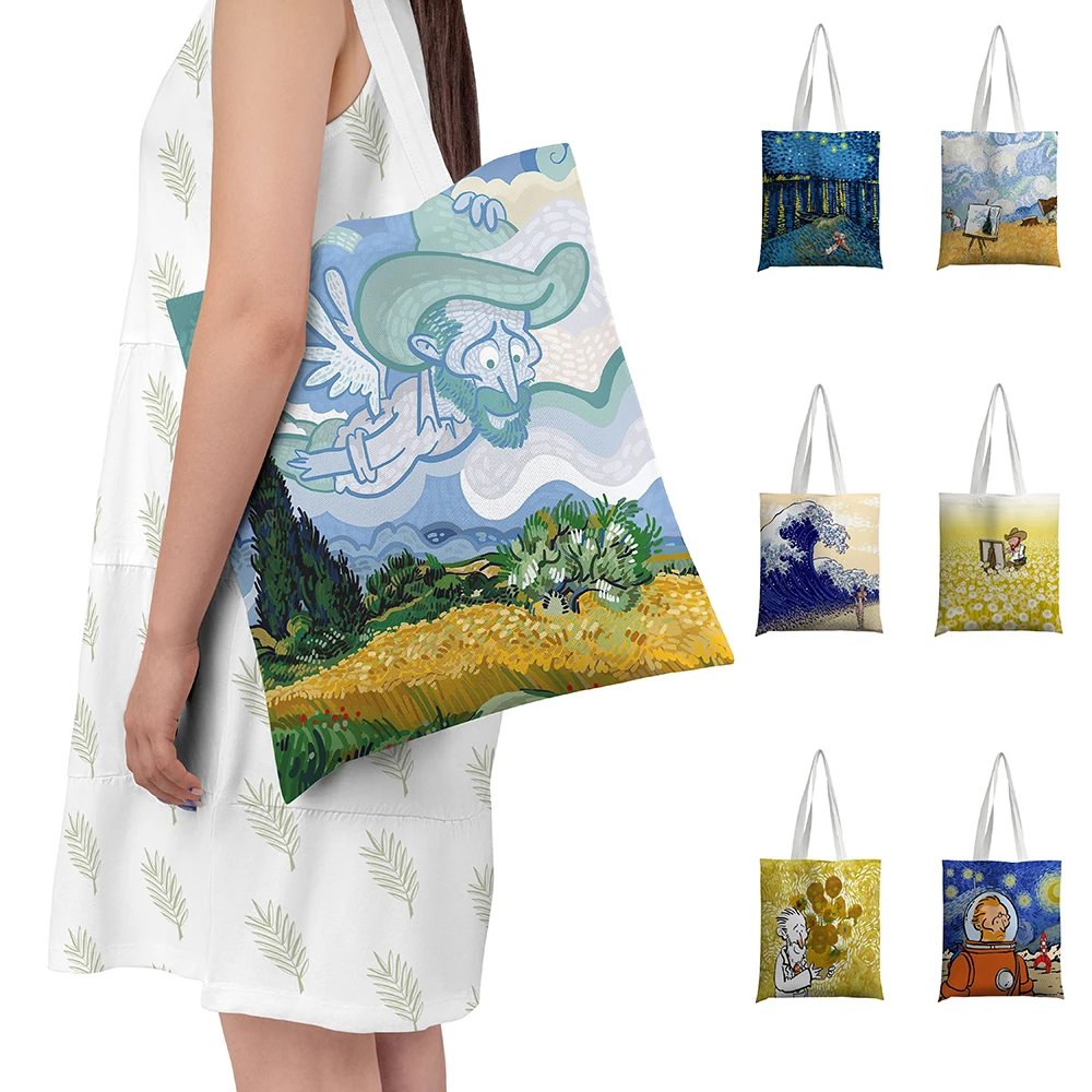 

Van Gogh Oil Painting Cartoon Canvas Bag Fun Women Casual Fashion Shoulder Bag Retro Art Shopping Travel Large-Capacity Tote Bag