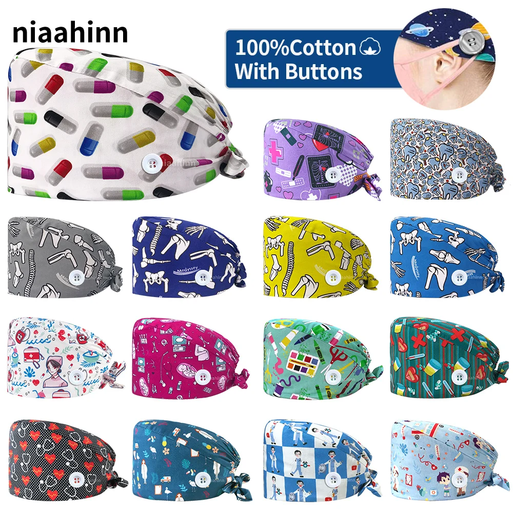 

Pet Grooming Health Workers Scrubs Caps Medical Print Nursing Hat 100%Cotton Multicolor Dentistry Surgical Scrubs Cap Adjustable