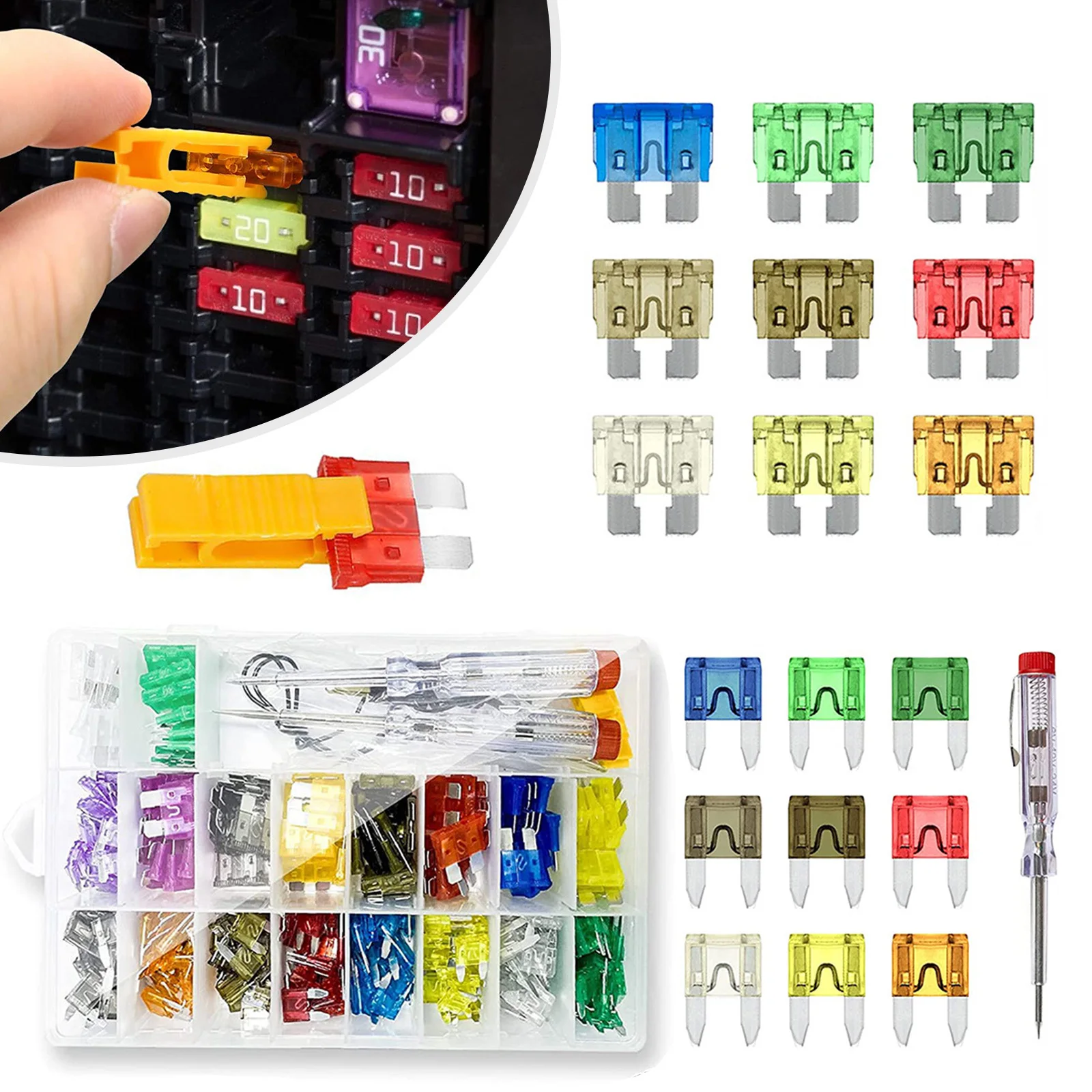 

306PCS car fuse 5A10A15A20A25A30A35A amplifier with box clip combination car blade fuse set with inspection circuit electric pen