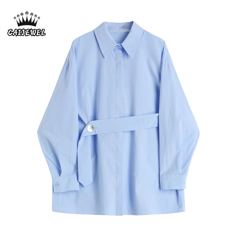 

Рубашка женская однотонная с длинными рукавами, модная повседневная мешковатая блузка на пуговицах, с простым дизайном в Корейском стиле, в...