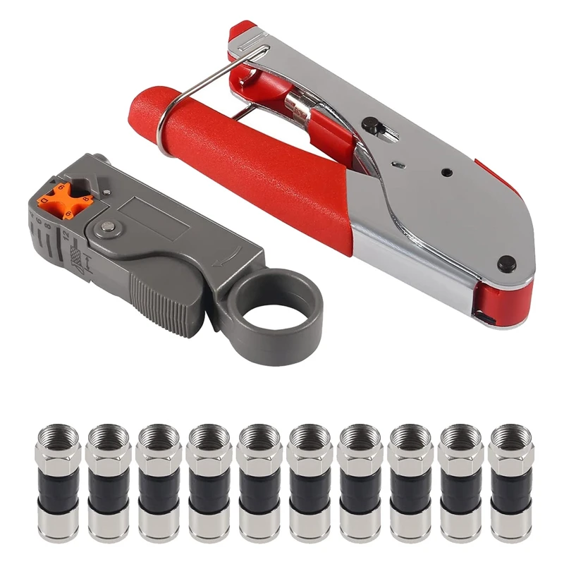 

Coaxial Cable Crimper Coaxial Compression Tool Wire Stripper Metal Kit Construction Tools With 10 F RG6 RG59 Connectors