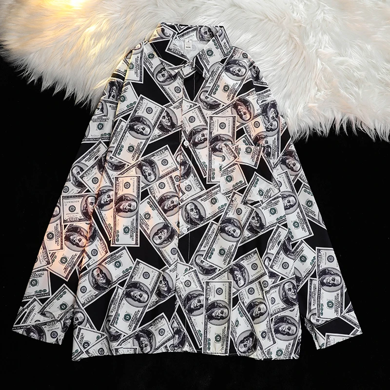 

Long-Sleeved Shirt Women Retro Banknotes Loose And Thin Young Girl High Street Wear 2022 New Fashion HCX015