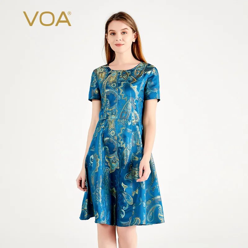 

Женское шелковое платье VOA, разноцветное жаккардовое платье с круглым вырезом и короткими рукавами, высококачественное роскошное шелковое летнее платье AT166