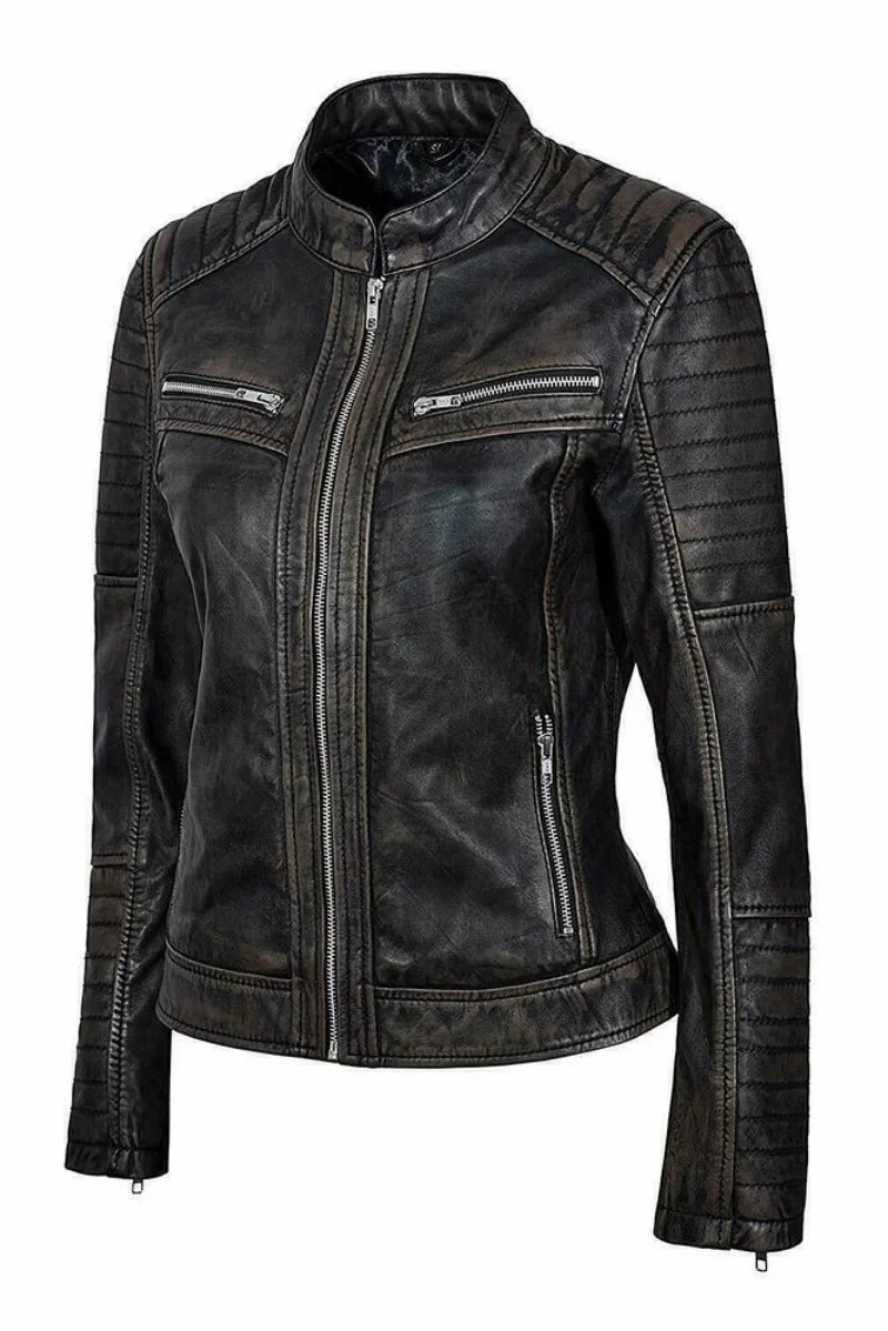 Women's Leather Jacket Genuine Sheepskin Leather Black Slim Motorcycle Jacket European and American Fashion Trends enlarge