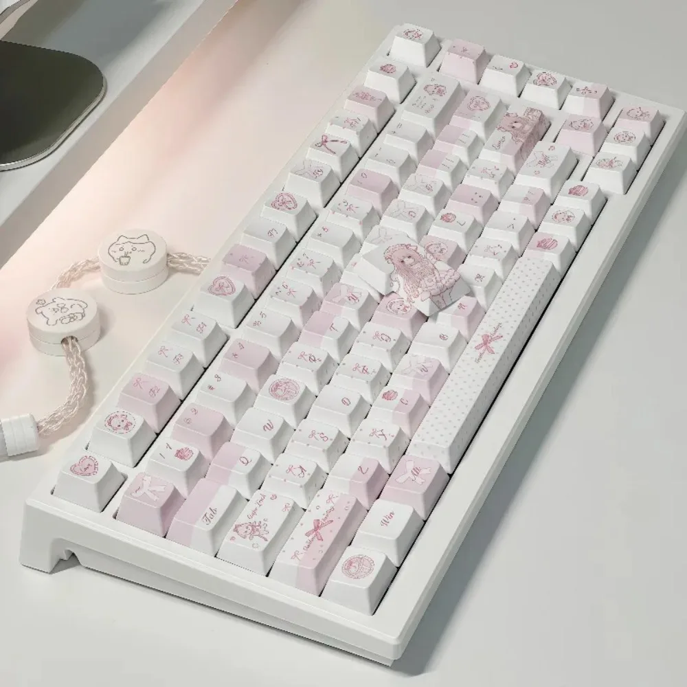 Фото Розово-белые кейкапы с тематикой овечек, профиль Cherry, PBT, горячая сублимация, оригинальная высота, аксессуары для механических клавиатур №3