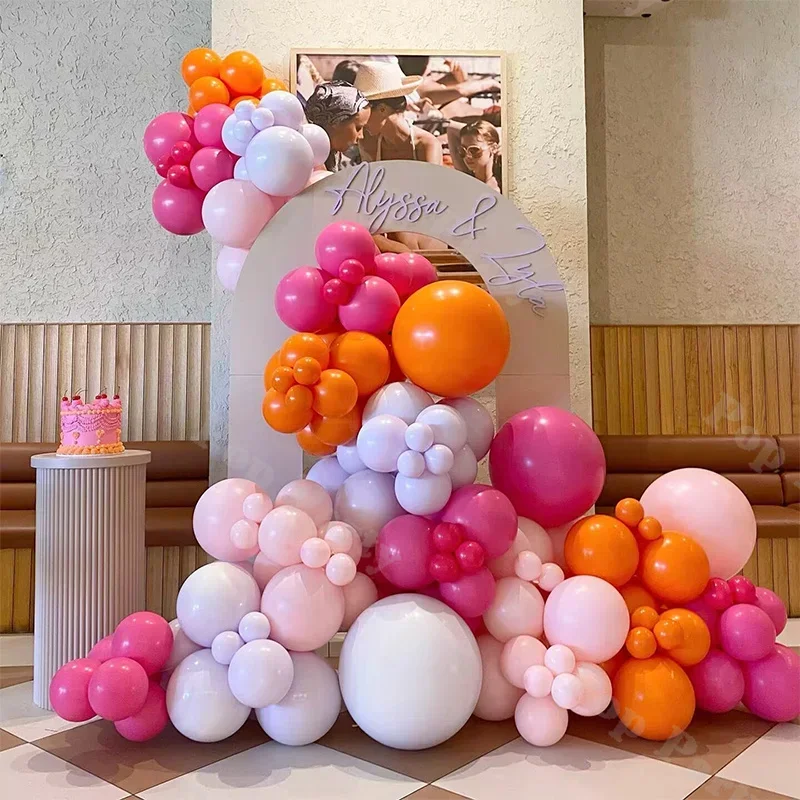 

134pcs Wedding Anniversary Baby Shower Party Background Decoration Pink Orange and Double Macaron Purple Balloons Arch